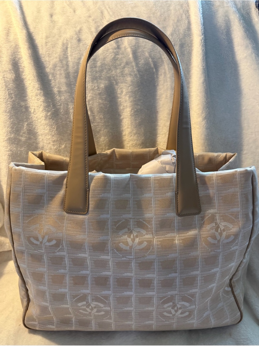 CHANEL Travel Line Tote Beige Jacquard CC Logo Shoulder Bag